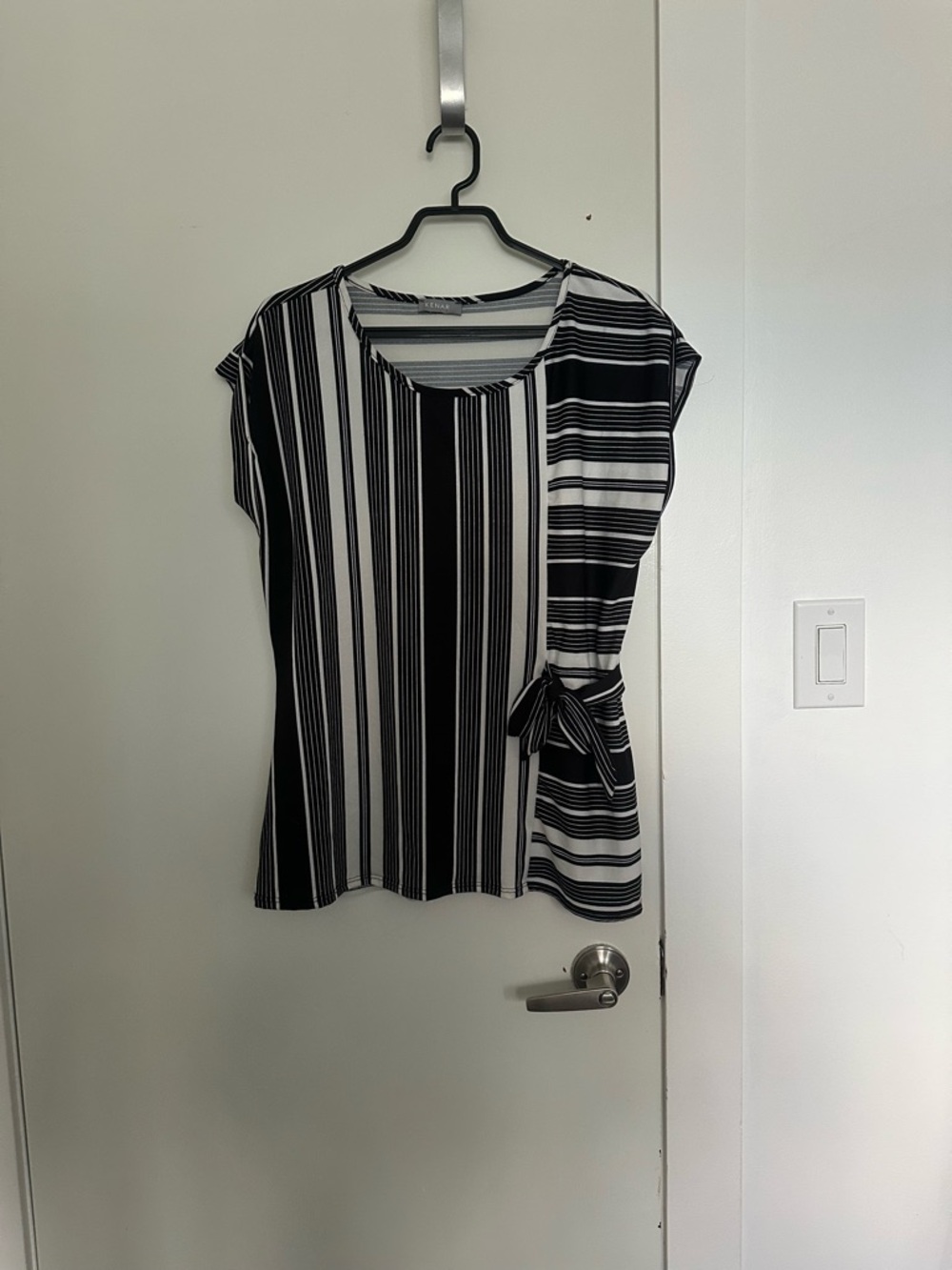 Kenar Black and White Striped Short Sleeve Tie-Detail Top